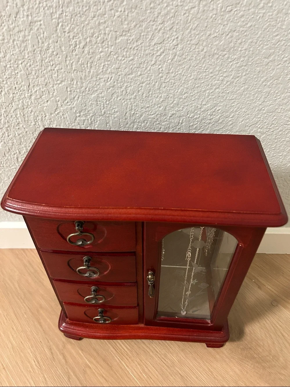 Red Wooden Jewelry Armoire with Glass Door Jewelry Wood Storage Cabinet-Small